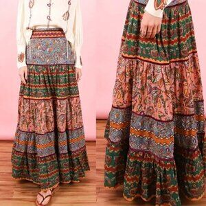 NEW Carolina K Cotton Paisley Embroidered Tiered Catalina Maxi Skirt Size: Small